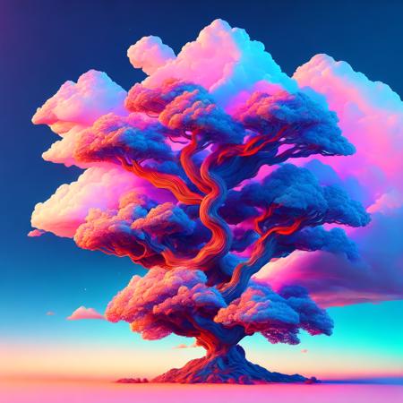 (neontreehouse style:1) a computer generated image of a tree with clouds in the background <lora:djzNeonTreehouseV21_LoraBooth:1>