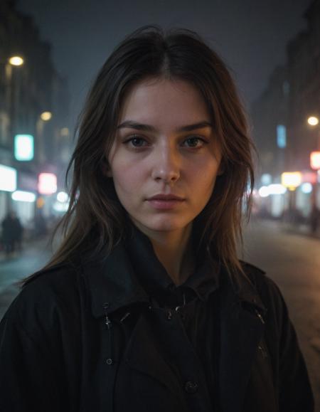 city street, neon, fog, volumetric, closeup portrait photo of young woman in dark clothes