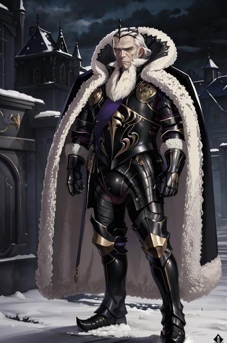 garonFE garonFE, facial hair, armor, fur trim, cape, crown, gauntlets