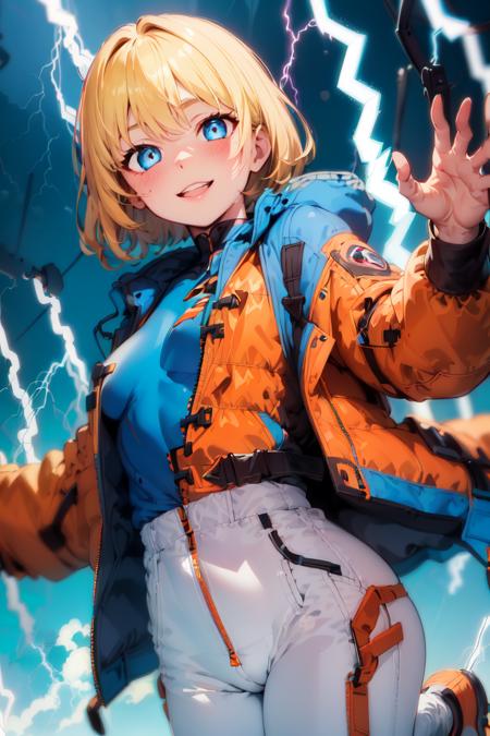 1girl,  young girl jumping in air,  (smile),  great fire behind girl,  (electricity:1.5), (blue explosion:1.2), 
laboratory,  operating room, operating table,  operating machine, 
solo,  wattson,  masterpiece,  highly detailed,  blue eyes,  detailed eyes,  expressive detailed eyes,  wide eyed,  detailed pupils,  blonde hair,  short hair,  orange jacket,  jacket,  blue shirt,  blue top,  blue skinsuit,  white pants,  blush,  plain background, <lora:EMS-47270-EMS:1.000000>