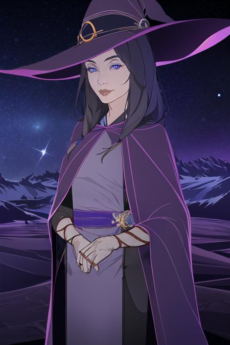 1girl, witch, robe, witch hat, desert, night, starry sky, purple theme, best quality, <lora:bannersaga:0.9>