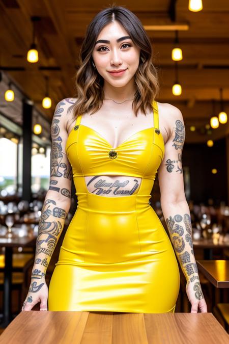 bs_luxlo in a yellow dress, at a restaurant, smile, shot on dslr, 8k, detailed face