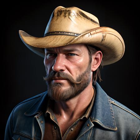 complex 3d render ultra detailed of a cowboy face, stetson hat, beautiful studio soft light, rim light, vibrant details, leather, denim, hyper realistic, anatomical, facial muscles, beard stubble, elegant, black background, octane render, Wild West ,<lora:more_details:0.4>