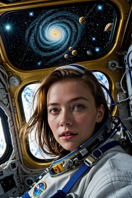 ((masterpiece, best quality)), Cell shaded illustration. Average build, mature female astronaut with long red hair, hair floating loose in zero gravity, she is dressed in her shipsuit, and floating in the window of her space station looking at a blue and violet nebula, Shoulders back. perfect face, small electric blue glowing swirl tattoos. ((Brilliant Honey Gold Colored eyes)). below perspective bottom perspective, <lora:epi_noiseoffset2:1>  <lora:add_detail:.45> <lora:Elixir-SD15-Enhancer:.75> <lora:LCM_LoRA_Weights_SD15:.42>