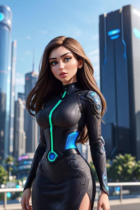 a photo of S097_DianaBabyna, an attractive woman, in a (futuristic-city:1.3), wearing a (shirt) and a skirt, (8k, RAW photo, best quality, depth of field, ultra high res:1.2), (absurdres, intricate, photorealistic, masterpiece, ultra-detailed, Unreal Engine:1.3)