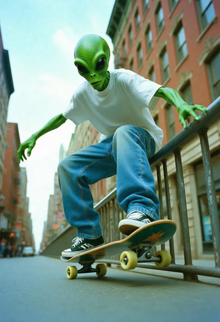 a y2k style photograph low angle shot of an alien with green skin wearing hiphop style clothing with baggy blue jeans and a plain white tshirt skateboarding through a city street. The alien is rideing the skateboard along a metal railing as the alien balances on the board with his arms streached out beside him. The shot is taken with a y2k photography style with a slight fish-eye lense. The alien is grinding along the railing, the skateboard is on top of the railing. The photograph captures the full scene. captured from floor level.