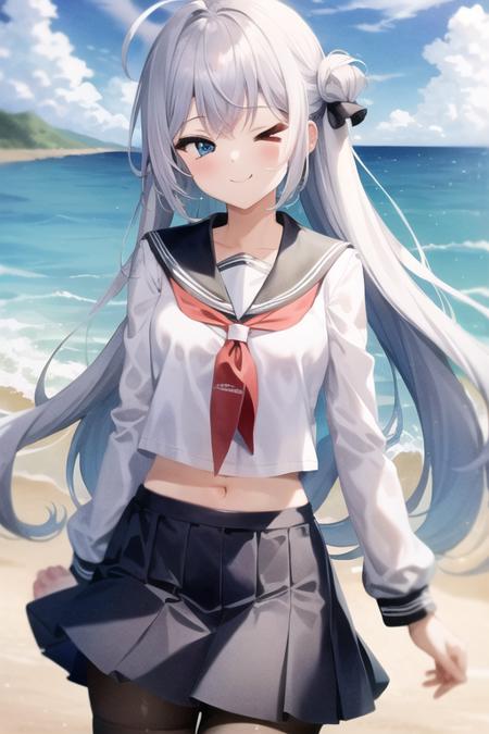 <lora:InequalitySignSmileyExpression:0.85>, (> <:1.1), (one eye closed:0.99), white hair, blue hair, silver hair, long hair, straight hair, blue eyes, cyan eyes, (black thigh length stockings:1.05), serafuku, (white shirt:1.1), long sleeves, (navy blue pleated skirt:1.1), (red tie:1.18), :>, smiling, looking at viewer, beach, horizon, sea, ahoge, (midriff:0.9), (best quality, masterpiece:1.4), 1girl