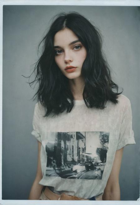masterpiece, polaroid photo in the style of David Hamilton , halve body shot of skinny French 60s model 1girl (18yo), street fashion,  long messy dark black hair, pale makeup, large  lips, eye catchlights, futuristic  summer outfit, analog film,  grey studio background