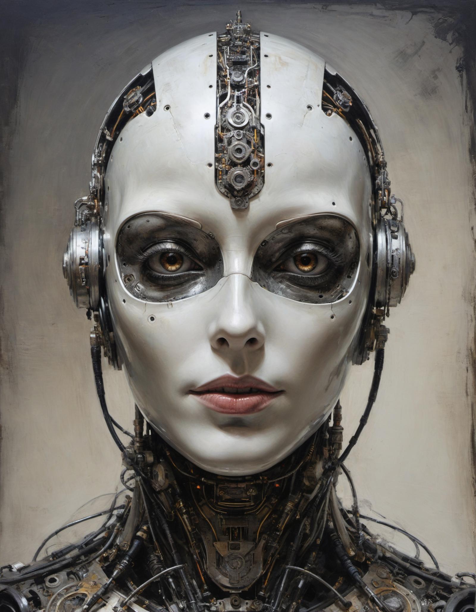 A close-up of a robotic face with metal headphones and a silver headpiece.
