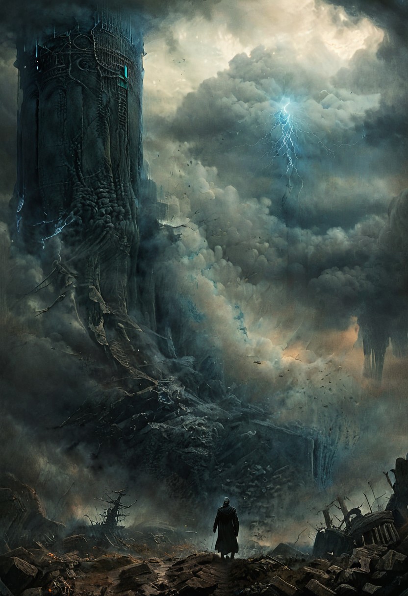 Impossibly hand from mountain, alone man in light walks towards the tower from the viewer, sense of scale, landscape, gray stone, digital artwork by Beksinski, subtle colors, black and blue theme, a thick toxic haze, menacing storm clouds, dark, elden ring, dark souls, grim, epiCPhoto, very long red lightning, art by hr giger
