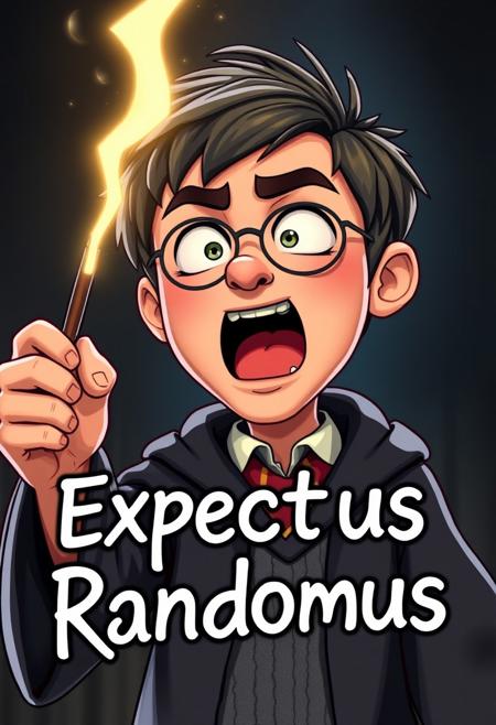 Candid photograph of an exaggerated cartoon character dressed as a harry potter student wizard. he is casting a spell with his wand in a dramatic gesture screaming the incantation. The text "Expectus Randomus" appears on screen in a font of magical light bolt. his face while realistic looks like a japanese chibi caricature his mouth opened in a tightly lipped O, his lips plum, his eyes looking up his eyes in a crescent moon shape the bottom like manga characters are when content with themselves, eyebrows raised, giving him the allure of a dim person, of low intelligence and even a little dumb. The lights and shadows from the spell accentuate his facial lines.