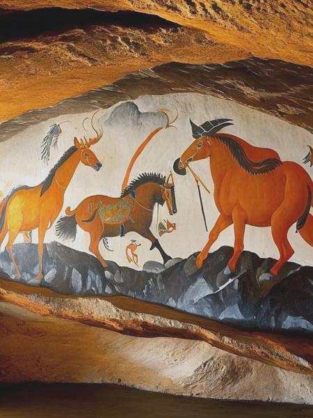 <lyco:Lascaux:1.0> Mythological gods and dragons painted on a stone wall to resemble the cave murals of Lascaux