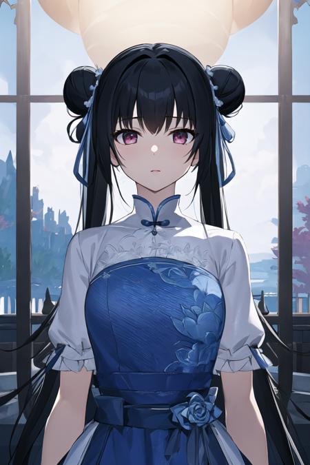 masterpiece,best quality,extremely detailed 8K wallpaper,1girl,zhaolinger,blue and white dress,hair bun,bangs,twintails,black hair,standing,looking at viewer,upper body,