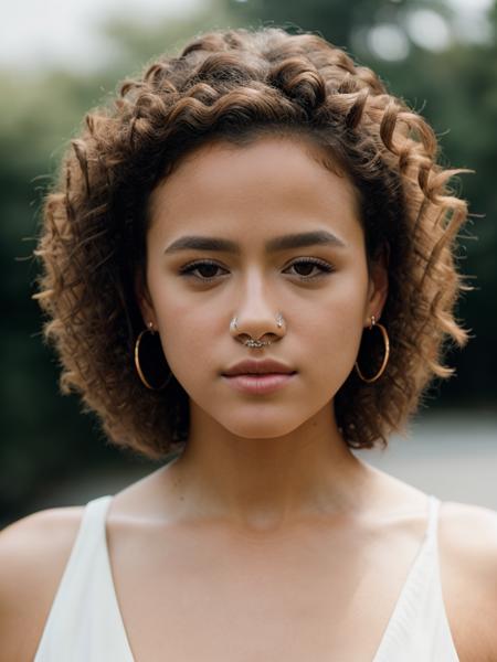 Realistic photo of a beautiful n4th4l133 woman, 1girl, solo, looking at viewer, brown hair, brown eyes, jewelry, closed mouth, earrings, mole, lips, eyelashes, portrait, curly hair, realistic, soft lighting, professional Photography, Photorealistic, detailed, RAW, analog, sharp focus, 8k, HD, high quality, masterpiece<lora:n4th4l133:1.0>