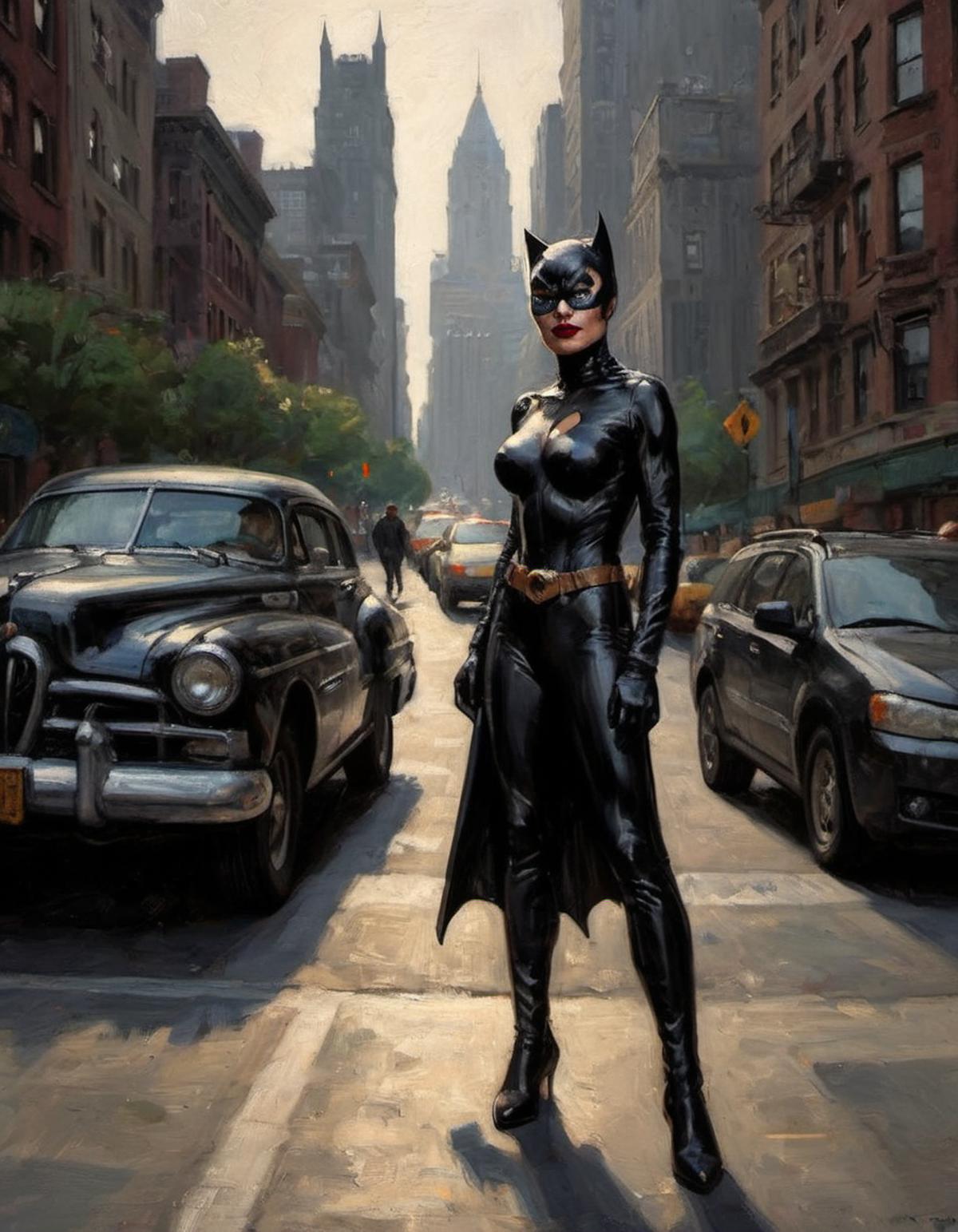 A Batman comic book cover featuring a woman in a black and gold suit standing in the middle of a city street.