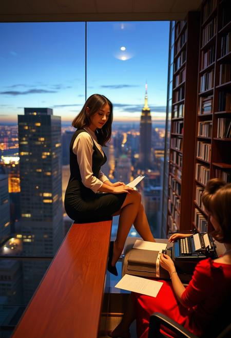 A captivating scene of a secretary in a sleek, form-fitting black dress, sitting on the edge of a high-rise office desk, overlooking the city skyline at dusk. The ambiance is charged with a soft, mysterious allure. Photo by Helmut Newton, Canon EOS-1D X, 50mm f/1.2.2. Envision a vibrant office setting where a secretary, clad in a classic white blouse and pencil skirt, is organizing files with a subtle smile. The background buzzes with the energy of a busy workday. Photograph by Cindy Sherman, Nikon D850, 85mm f/1.4.3. A serene, sunlit room features a secretary in a vintage-inspired red dress, typing away on an old typewriter, surrounded by towering bookshelves. The scene exudes a nostalgic, dreamy quality. Photo by Annie Leibovitz, Sony Alpha A7R IV, 35mm f/1.4.4.