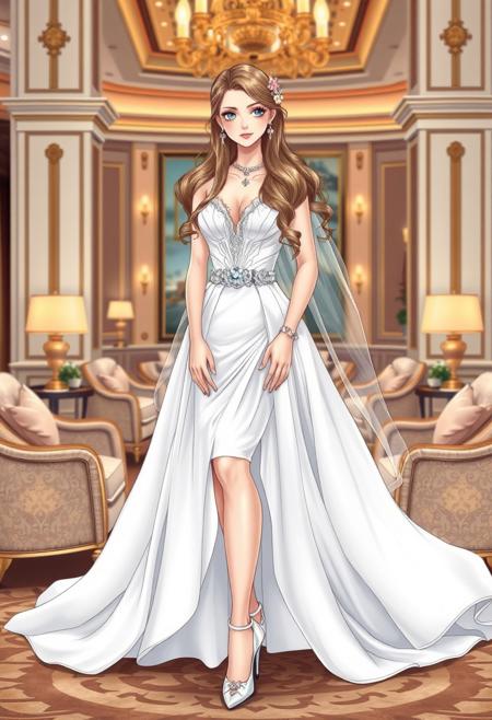 A full-body fashion drawing of a 20-year-old girl with long hair styled in an elegant wedding hairstyle. She has vivid blue eyes and wears a luxurious white wedding dress with flowing fabric and intricate detailing. Her look is completed with sparkling jewelry and elegant white high-heeled bridal shoes. An eye-catching element, such as a shimmering silver belt or a delicate floral accessory in her hair, adds a stylish focal point. The scene is set in the lavish interior of an expensive hotel lounge, with plush furniture, golden accents, and soft ambient lighting that enhances the elegance of the composition. The illustration captures the sophistication and glamour of high-end bridal fashion in an upscale setting.