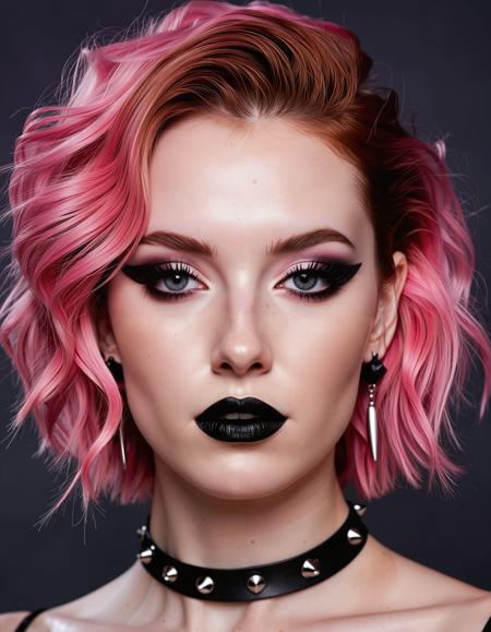 analogue photo of a beautiful 25 years old woman, high resolution image, pale skin (Auburn-hair Scottish woman), A photo-realistic shoot from a portrait camera angle about a stylized character with pink hair styled in a spiky mohawk, wearing a black leather outfit with spikes, black choker, and black lipstick. on the middle of the image, a woman in her early twenties, who appears to be in her early twenties, with pale skin and pink hair, is facing the viewer with her eyes looking directly at the camera. she has a slim body and is wearing black leather leotard with a plunging neckline, revealing ample cleavage, and a black spiked choker around her neck. her hair is styled in an undercut, and her eye color is pink eyes. she is also wearing black lipstick and black eyeshadow, and has a black mask covering her face. the background is a dark gradient, and the lighting is dramatic, highlighting her features.