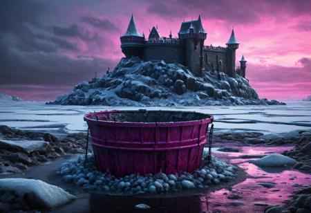 a hyperrealistic image of a diminutive frozen shore fortress in a bucket, in the style of Ciruelo with a sinister mood and apocalyptic background, dark fantasy concept art masterpiece by Greg Rutkowski, intricately detailed, Unreal Engine, volumetric lighting, triadic pink complementary colours