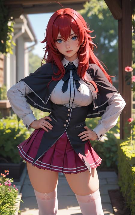 ((masterpiece, best quality)), insaneres, absurdres, solo, looking at viewer, 
ANIME_DxD_Rias_Gremory_ownwaifu, 
1girl, bangs, long hair, red hair, breasts, large breasts, rias gremory, blue eyes, hair between eyes, very long hair, collarbone, hair intakes,  hair over breasts, 
black capelet, black corset, collared shirt, kuoh academy school uniform, layered skirt, underbust, school uniform, skirt, shirt, long sleeves, purple skirt, ribbon, miniskirt, neck ribbon, thighhighs, black ribbon, 
(contrapposto, hand on hip)<lora:ANIME_DxD_Rias_Gremory_ownwaifu:1>,
 depth of field, vanishing point, garden, sidelighting,