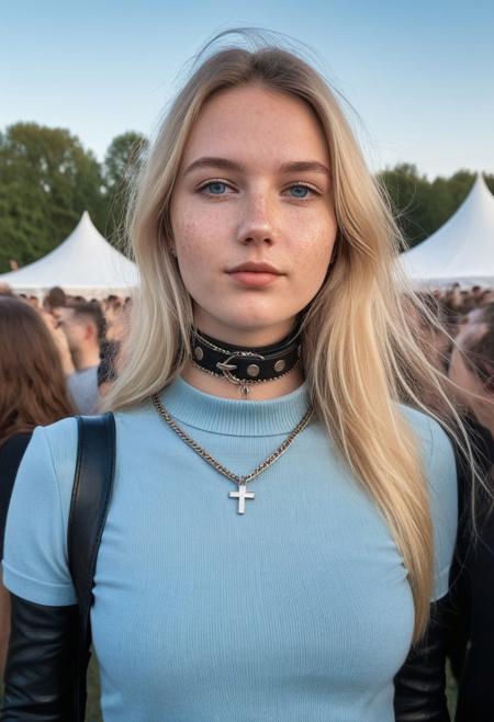 Amazing iPhone photo of a beautiful 22 year old Dutch woman, Instagram fullbody, dynamic, leather outfit, choker, chains, leather boots, very pretty, beautiful face, friendly and approachable face, long face, pointy chin, innocent looks, petite and slim, highly detailed skin, freckles,  soft medium tits, natural tits, perfect tits, soft tits, small hard nipples, saggy tits, light blonde, long hair, blue eyes, sparkling eyes, dancing, at a techno festival, very horny, low light, beautiful sky, soft natural light, 8k resolution, masterpiece, sharp focus