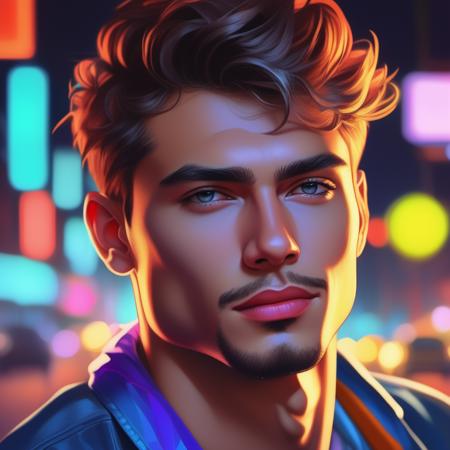 an image picture of a handsome young man, colorful, <lora:Neonify:0.5> | Neon Realism