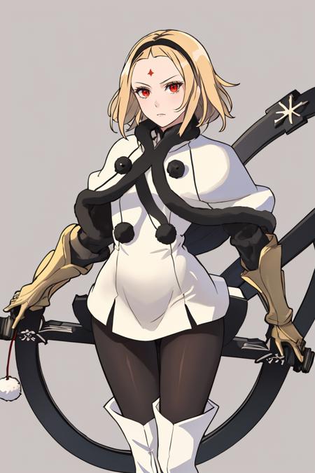 masterpiece, best quality,    <lora:OneDrakenGardV1-000080:1>, One, 1girl, red eyes, black pantyhose,  short hair, blonde hair, simple background, holding, wheel, cross, weapon, pom pom \(clothes\), forehead mark, roman numeral, I, thigh boots