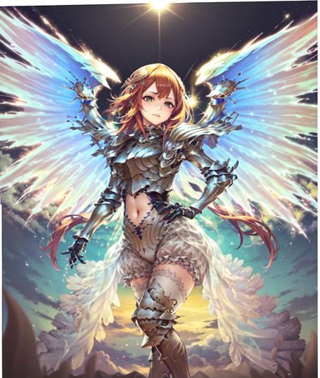 (best quality, masterpiece, highres:1.4),  a beautiful portrait of an angel,  she is wearing ornate frilled white bloomers under her armor,  her pauldrons are extremely tall and ornate, close-up, her armor has been damaged and broken,  
standing, outdoors, clouds, sun, light particles, flying, full body, day, arms at sides, contrapposto, hand on hip, spread legs, 
BREAK
 1girl,   armor,  wings, green eyes, long hair, gauntlets, thighhighs, , greaves, shoulder armor,  pauldrons,hair ornament, looking at viewer, breastplate, angel wings, [armored boots], angel, long hair, light rays,  sky,  thigh boots, armored dress,  sunlight, frills, zettai ryouiki, fantasy, bangs, orange hair, white wings, feathered wings, gloves, multiple wings,  , vambraces, plate armor, see-through waist cape,  <lora:LapisTest1:1.0>, ((clothing cutout, navel cutout)), belly, ,  straight hair, sidelocks, hair between eyes, dress, skirt, headpiece, headgear, frilled shorts, thighhighs under boots,  skirt, (bloomers, torn bloomers, white bloomers, underwear, :1.2 ), skinny, long legs, tall female,