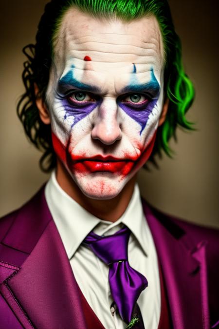 dark and gloomy full body 8k fish eye lens photo, The Joker , wearing broken purple suit, at cluttered and messy insane asylum , bloddy, tattered torn shirt, skin pores, detailed intricate iris, very dark lighting, heavy shadows, detailed, detailed face, (vibrant, photo realistic, realistic, dramatic, dark, sharp focus, 8k)