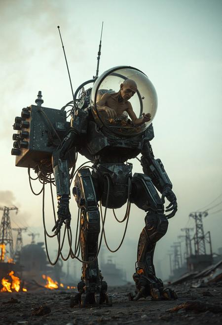 It is dawn. Various fires light up the area. an action filled movie shot of a tall walking mecha robot with a lot of dangling cables and visible machinery in a broken urban setting. The robot has a backpack with a glass dome. Inside the dome is the withered remains of an old human. The human is used to power the robot and is connected with cables. realistic, the robot is engaged in warfare, combat, sitting in a combat position with one knee up and one hand on the ground. 4k, futuristic, fallout-inspired, Retrofuturism, atomic-punk