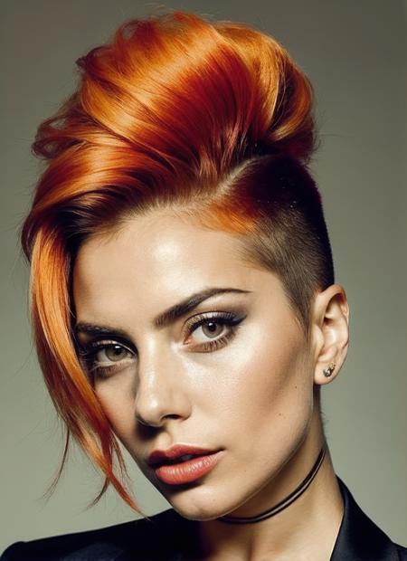 portrait of sks woman by Flora Borsi, style by Flora Borsi, bold, bright colours, orange Mohawk haircut, ((Flora Borsi)), <lora:lora_gaga_v1_from_v1_160:1>