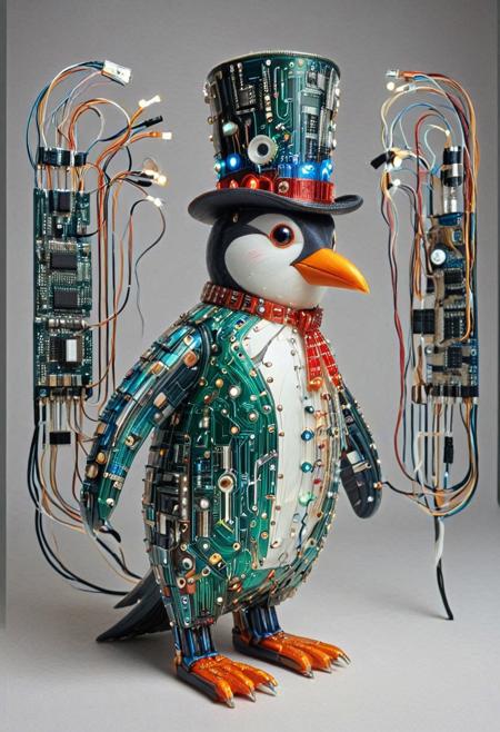 embedding:lazmpos, Transistors, pcb_style, LED, colorful LED lights, RGB lights, red green and blue penguin, art deco, top hat, cane, monocle,RetroBG