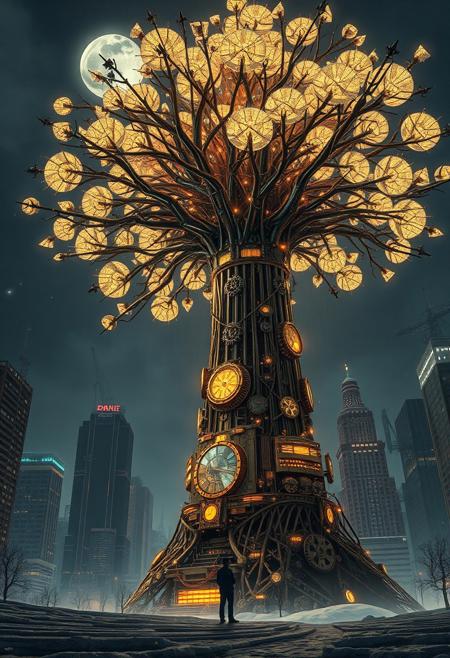 A colossal, mechanical steampunk Christmas tree, its branches adorned with glowing circuits and cogs, dominates a snow-kissed steampunk metropolis. Its metallic trunk, a marvel of steampunk engineering, with an excessive level of baroque detailing, reaches towards a dark sky, while its roots delve deep into the city's energy grid. The tree's leaves, made of translucent panels, shift and shimmer, displaying a mesmerizing light show, with soft rays of moonlight filtering to the ground. A lone figure, a tiny silhouette against the towering tree, gazes up in awe. The air is filled with a sense of wonder and mystery, as if the tree holds secrets of the universe. The hyper-realistic image should capture the awe-inspiring sight of this technological marvel, with dramatic chiaroscuro lighting and a focus on the intricate details of the tree's mechanical components. The scene should evoke the spirit of a classic Victorian Christmas card, with a touch of steampunk flair and a hint of otherworldly magic.