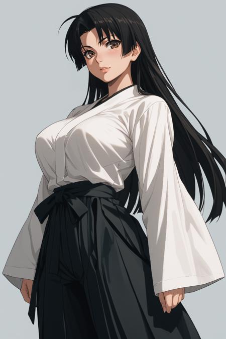 cal shekar, brown eyes, black hair, long hair, large breasts, hadanugi dousa, long sleeves, black hakama,