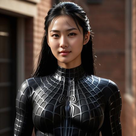score_9, score_8_up, score_7_up, best quality, realistic, masterpiece, beautiful detail, hyperrealistic, night, ((1girl, woman body, large breast)), amazing detailed full body of a cute korean woman, wearing a realistic and highly detailed black raimi spider-man suit, ((defined muscular girl)), professional model wears ultra - detailed black raimi spider - man suit, ultra - detailed and grained black raimi spiderman suit, suit covered entire body and hand, black spiderman gloves, wet, (light smile, black hair), close up, octane render, highly detailed, volumetric, dramatic lighting, (highest quality:1.1), (HDR:1.3), (top quality, best quality), realistic, high definition, sharp contrast between light and shadow, athletic and fit physique, highly detailed and accurate portrayal, photorealistic rendering, tense and alert atmosphere cinematic scene, cinematic lighting, intricate detail skin and facial texture, lifelike expression, accurate character design, interesting and complex background details,