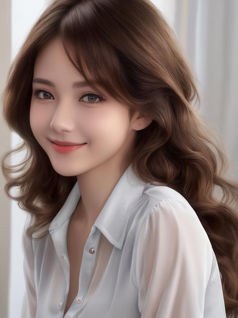 A beautiful Asian woman with big eyes and long hair wearing a white shirt.
