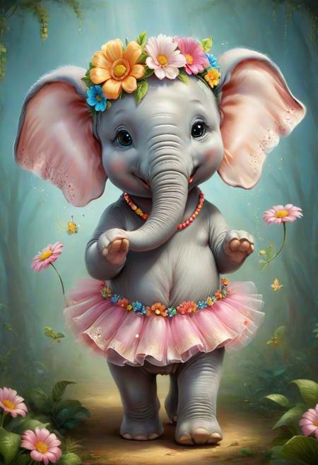 JuggernautNegative, Step into the delightful realm of cute creatures as a charming elephant steals the spotlight, adorned with a lovely flower on its head. This adorable digital painting showcases the cuteness of the elephant in exquisite detail and vivid colors. The cute 3D render brings a sense of depth and charm to this lovable creature. The elephant, wearing a tutu, adds an extra layer of whimsy and playfulness to the artwork, making it both adorable and delightful. With its intricate details and vibrant colors, this artwork stands as a beautiful representation of the magic that happens when creativity and cuteness collide. =<8
