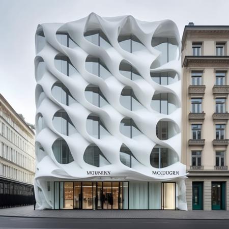 a photo of a modern shop building with a white facade made of silk with folds in the style midjor <lora:Midjor_Style_V1:1>