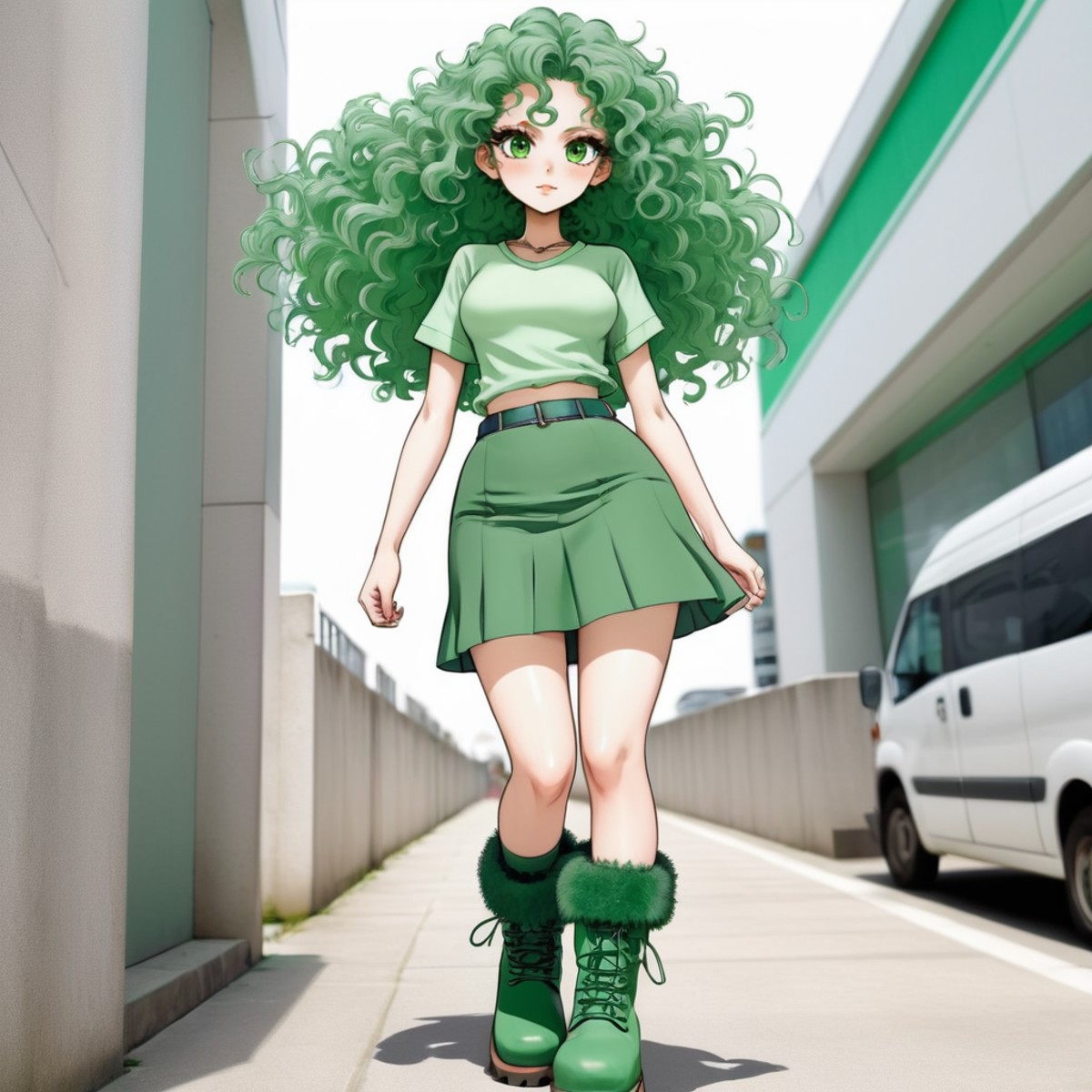 Manga. Woman wearing a green skirt and top and chunky boots with very long curly eyelashes. Manga with bold smooth outline...