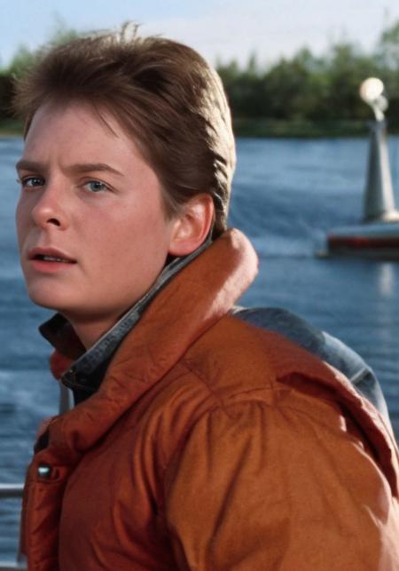 <lora:mrtmcfl_v3.1:1> mrtmcfl, a young man cosplay marty mcfly 1980s on a boat