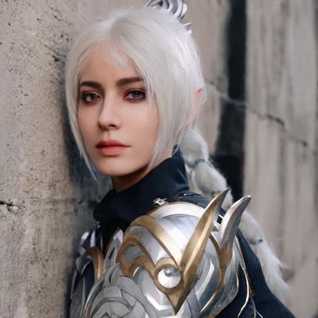 cinematic, high quality, (detailed), (highly detailed), a professional photo of Shadowheart with white hair leaning on a cement wall  <lora:Shadowheart_XL-000008:1>