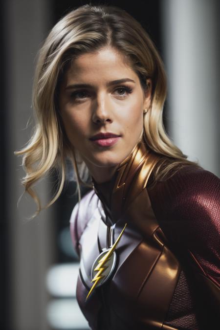 up close photo of ebr dressed as the flash, subsurface scattering, Photorealistic, Hyperrealistic, Hyperdetailed, analog style, hip cocked, demure, detailed skin, matte skin, soft lighting, subsurface scattering, realistic, heavy shadow, masterpiece, best quality, ultra realistic, 8k, golden ratio, Intricate, High Detail, film photography, soft focus,<lyco:EmilyRickards-RealVision-V1.0:1.0>