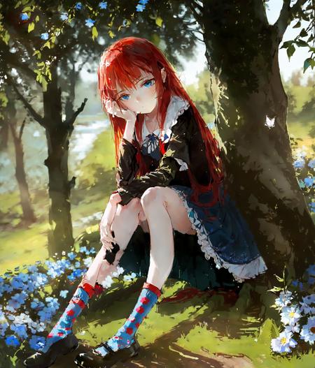 masterpiece,best quality,1girl,full body,solo,blue eyes,eyeliner,looking at viewer,long hair,red hair,bangs,hair between eyes,skirt,black over-kneehighs socks,flower,outdoors,tree,