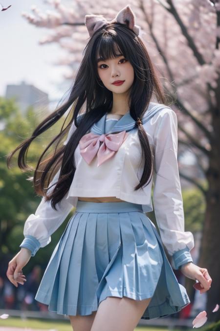 ltra-detailed,highly detailed,best quality,masterpiece,illustration,realistic,photorealistic,
hutao, solo, 1girl, cosplay, 
school uniform, sailor collar, serafuku, long sleeves, bowtie, pleated skirt, midriff peek, 
long hair, bangs, hair bow, 
looking at viewer, cowboy shot, standing, 
outdoors, day, photo background, grass, park,cherry blossoms, falling petals, wind,
 <lora:hutao_jk_v1_03:0.7>