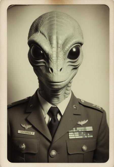 a vintage photobooth passport photo of a reptilian alien from outer space in a military outfit. analogue, faded photo, creases and scratches, film grain.