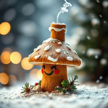 photo, selective focus, miniature effect, bokeh, highly detailed, vibrant, perspective control, natural tilt shot, christmas mushroom made of ginger bread with chimney on its head, g macro photography, (enchanting:1.3), (luminous:1.2), (oversized flora:1.1), mystical, magical, vibrant photography, shimmering light, dreamy, whimsical, serene, soft-focus, hyper-detailed digital art, made of flowers, 2 mushrooms, smile, snow, winter, snowfall, conifers, ginger bread, sexy little red riding hood Lindsey Stirling, mushroom with smoking chimney