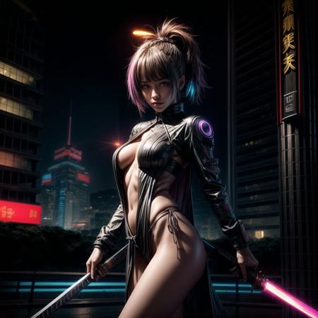 best quality,ultra-detailed,photorealistic,(studio night light:1.3),(1girl:1.4),young swordswoman,slim body,(dynamic pose:1.3),naked slim legs, distant plan shot,hanfu cloth, space street, rain, butterflyes, holding a glowing katana,futuristic cyberpunk city,on top of a skyscraper,outfit blending futuristic technology and Chinese traditional elements,huge cyber dragon in the neon-lit night sky,(guardian of the city:1.2),, (harsh urban environment:1.3),(determination and bravery:1.2),masterpiece,cyberpunk style with Chinese influenceg, extreme detailed,, ((colorful:1.2))
<lora:hanfu_clothes_LORA:0.6> <lora:add_detail:0.6> <lora:wowifier_robotic_LORA:0.6> <lora:glassSculptures_v20CompletelyRedone:0.6> <lora:planet_Simulator_style_Lora:0.7> <lora:chinese_girl_lora:0.7> <lora:add_detail:1> <lora:more_details:1>