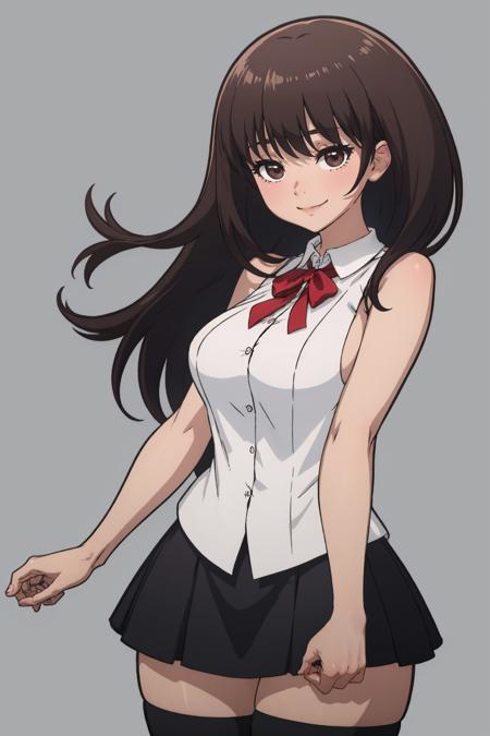 (masterpiece, best quality:1.2),  <lora:mikeinel:1>, mikeinel, 1girl, solo, breasts, dated, grey background, skirt, thighhighs, simple background, smile, brown hair, large breasts, looking at viewer, long hair, sideboob, black skirt, shirt, sleeveless, thighs, chalk, sleeveless shirt, bare shoulders, white shirt, bangs, holding, collared shirt, side slit, artist name, closed mouth, cowboy shot