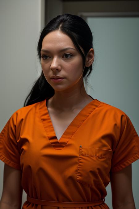 14ur4pr3p0n, black hair, wearing (orange prison scrubs:1.3), surrounded by prisoners, prison, vray render, ray tracing, subsurface scattering, by Josan Gonzalez and Liang Mark (upper body shot), (looking at viewer:1.3), (hyper realistic:1.3), (portrait:1.2), highly detailed eyes, (highly detailed skin:1.3), (freckles:0.6), pores, (4k), back lit, rim light, <lora:Laura_Prepon_PMv1_Lora:1.3>,