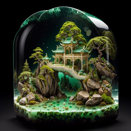 photorealistic,realive,miniature,bonsai in glass box,independent building,grass,nature,no humans,(underwater:1.3),fantasy,goldfish,
golden,gold trim,circular ring,fluorescent light,flsorescence,glow,glowing,jade and gem textured,(((mountain made of natural jades and Gems))),(waters),Ancient pavilion,plants,jewelry of jadeite and jade,genuine pearl,
(auspicious clouds:1.1),towering trees,